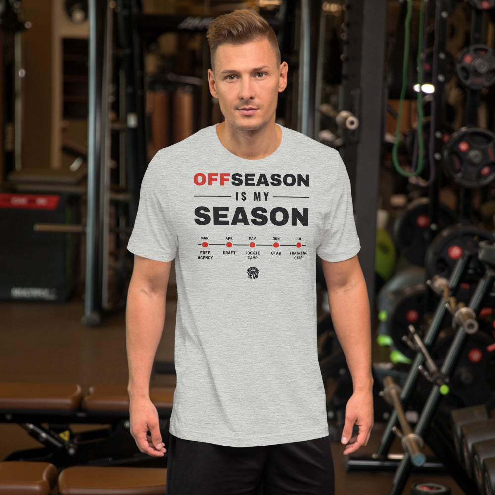 Man wearing the Offseason Is My Season tee in Athletic Heather