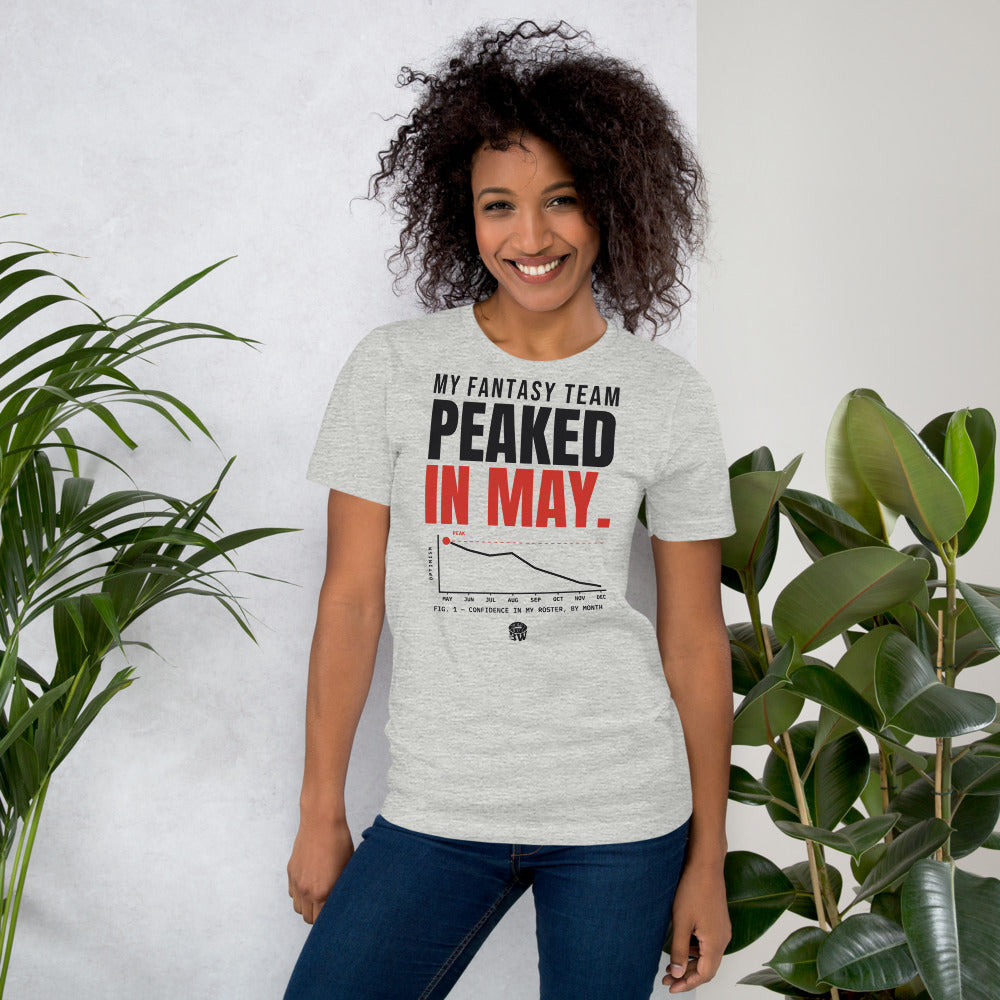 Woman wearing the My Fantasy Team Peaked in May tee in Athletic Heather