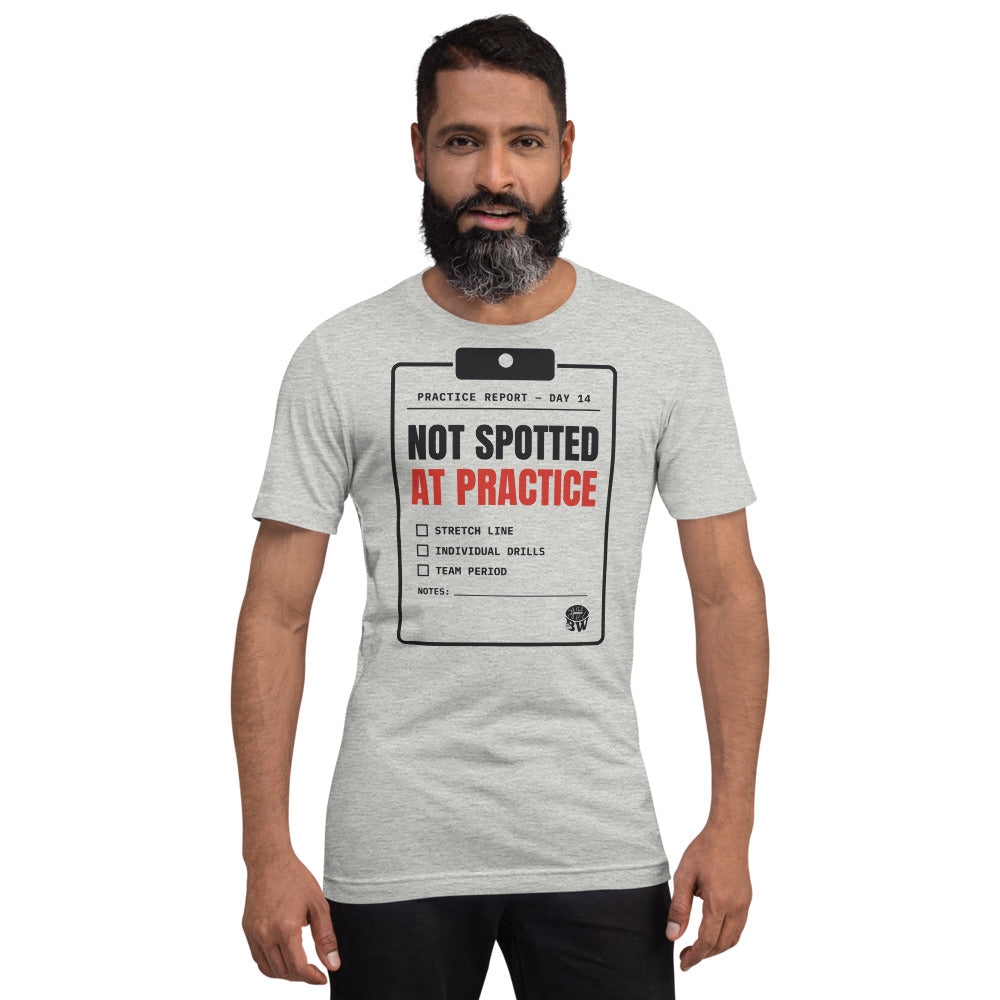 Man wearing the Not Spotted at Practice tee in Athletic Heather