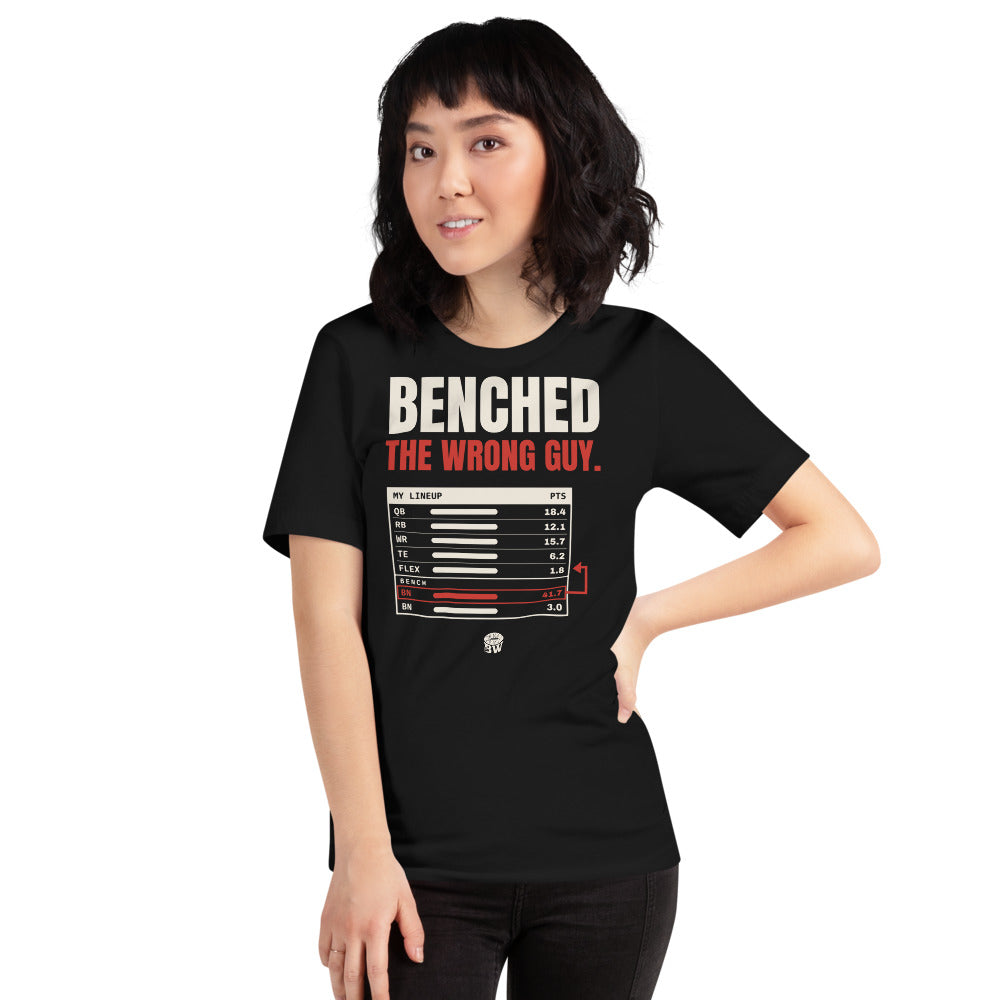 Woman wearing the Benched the Wrong Guy tee in Black