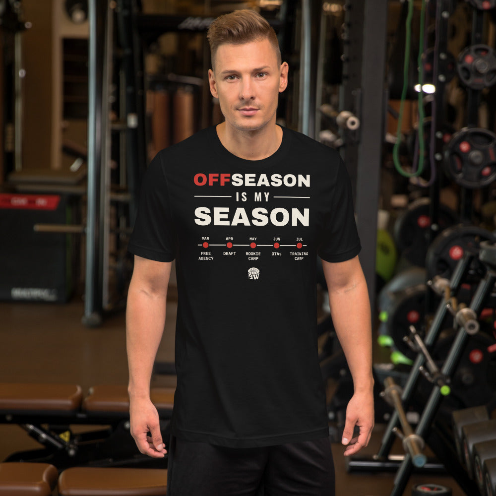Man wearing the Offseason Is My Season tee in Black