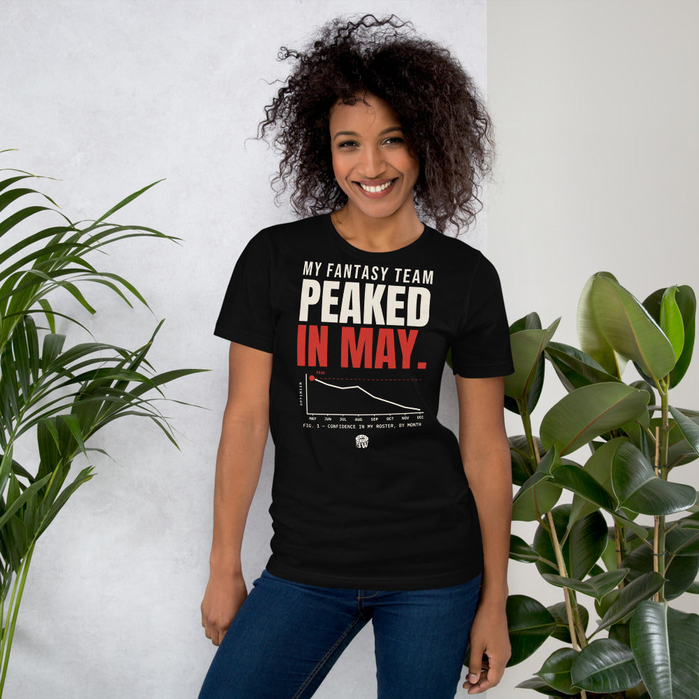 Woman wearing the My Fantasy Team Peaked in May tee in Black