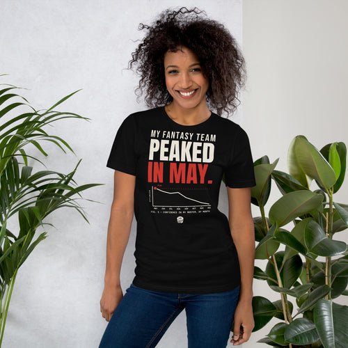 Woman wearing the My Fantasy Team Peaked in May tee in Black