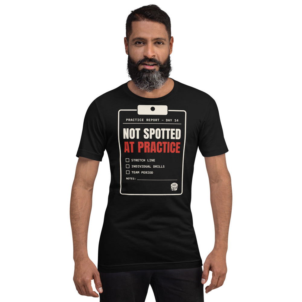 Man wearing the Not Spotted at Practice tee in Black