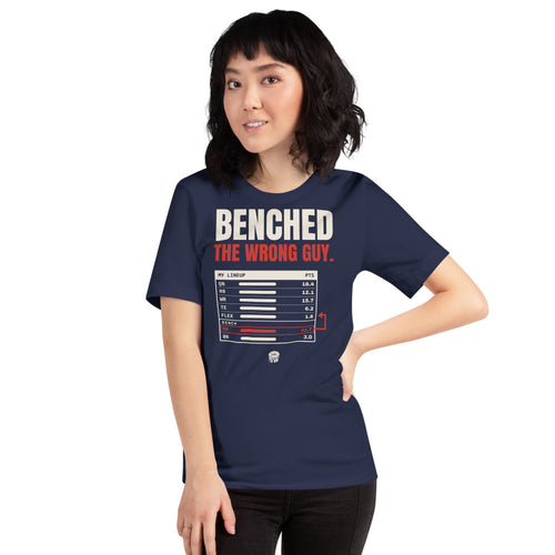 Woman wearing the Benched the Wrong Guy tee in Navy