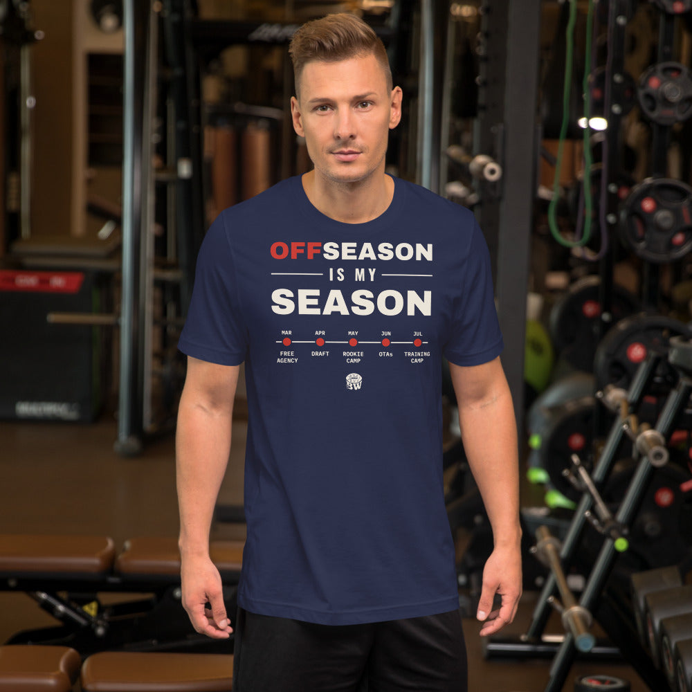 Man wearing the Offseason Is My Season tee in Navy
