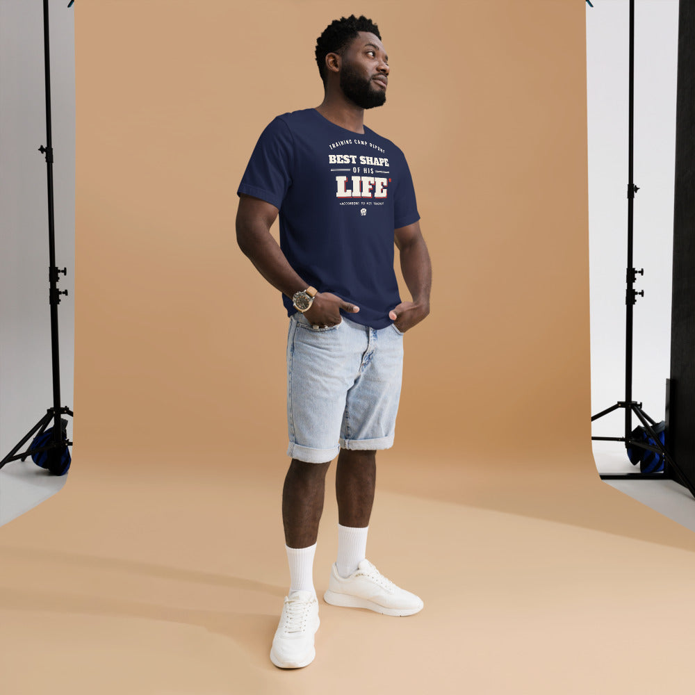 Man wearing the Best Shape of His Life tee in Navy