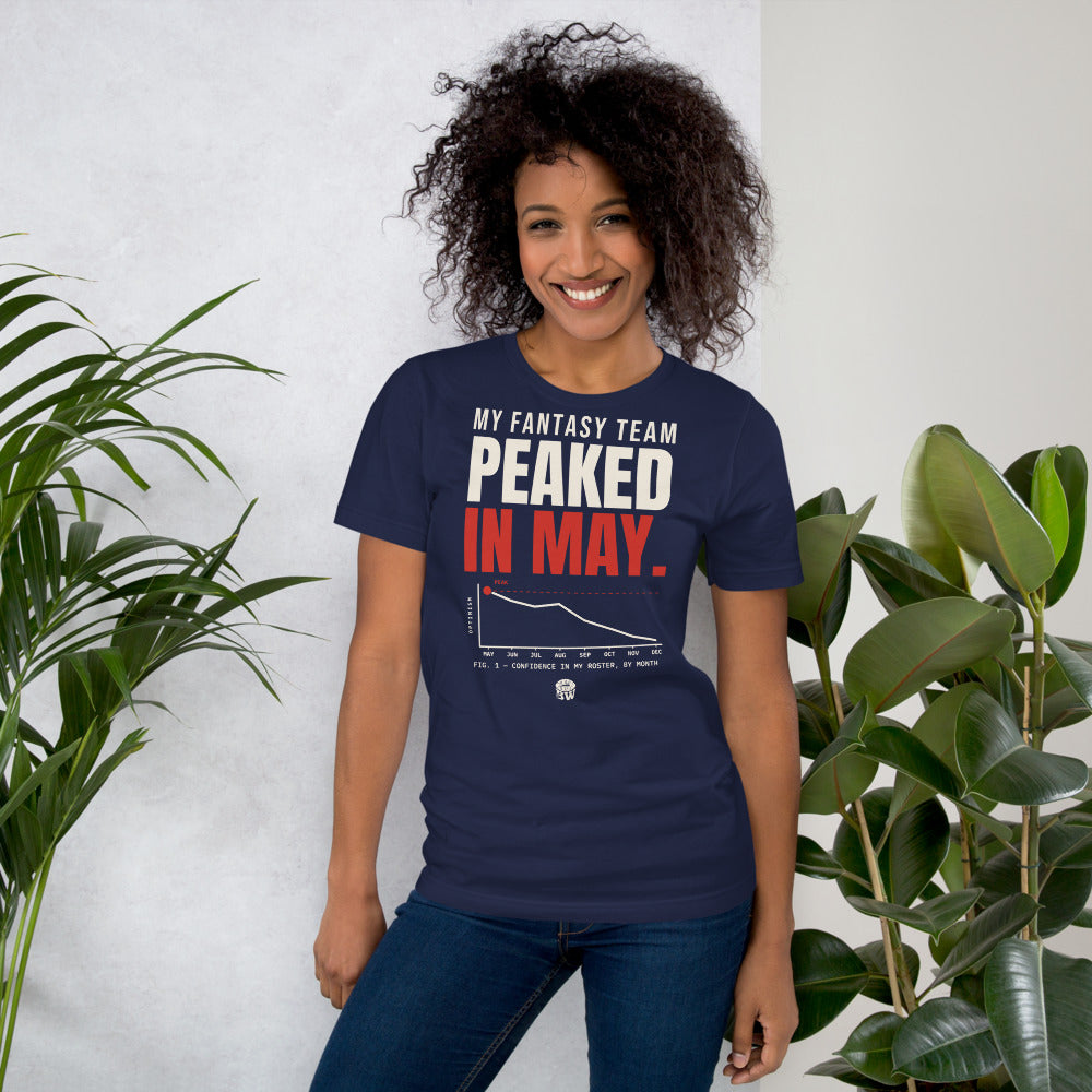 Woman wearing the My Fantasy Team Peaked in May tee in Navy